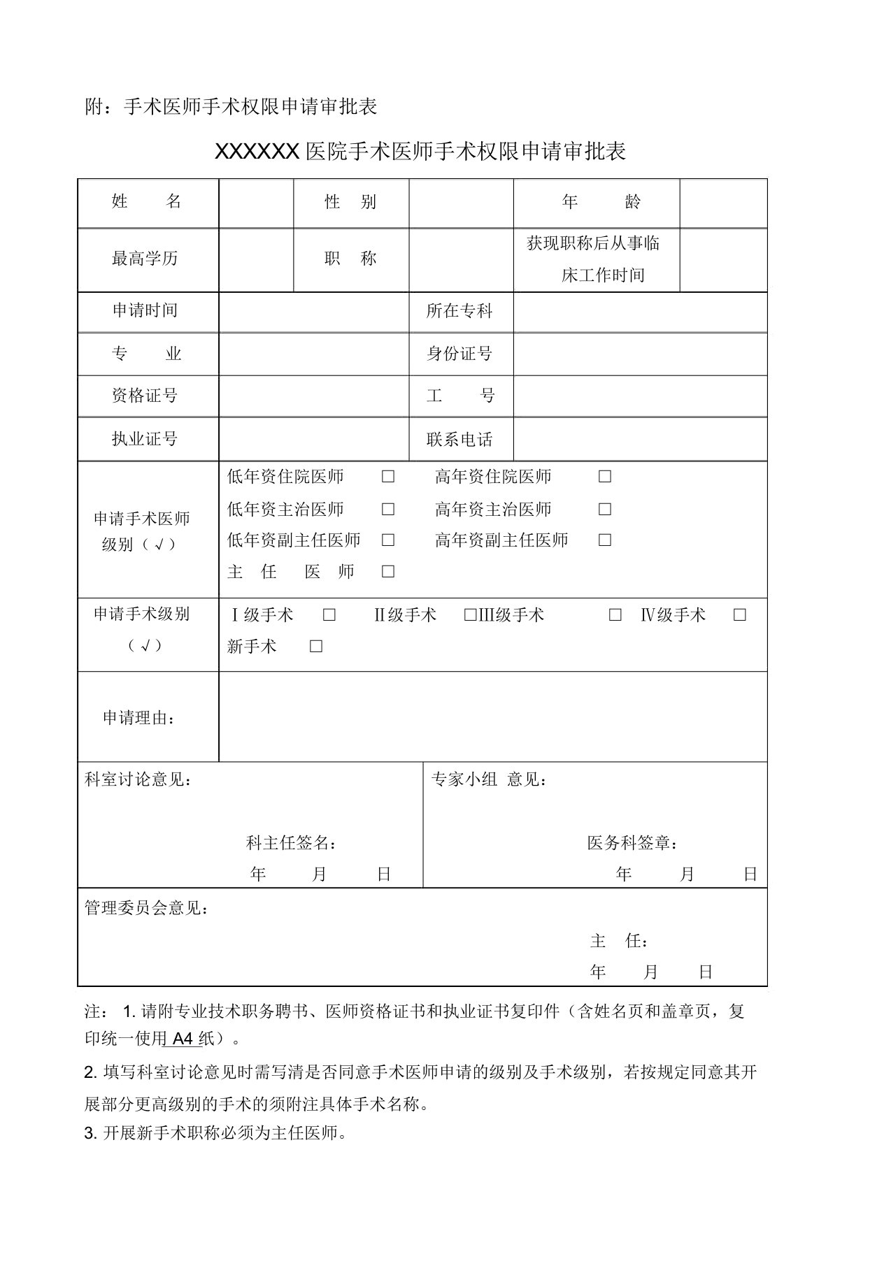 手术医师资格准入申请审批表