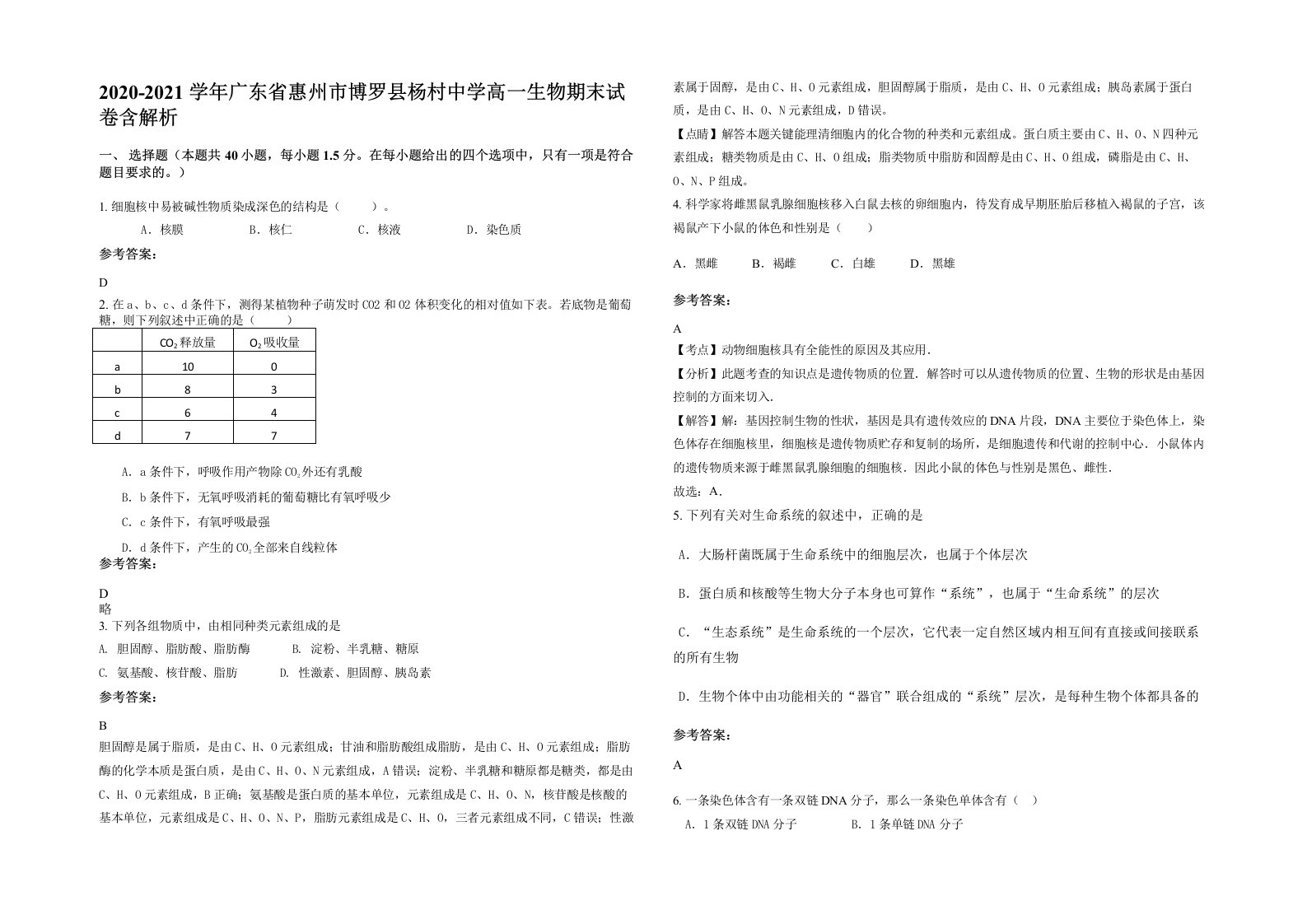 2020-2021学年广东省惠州市博罗县杨村中学高一生物期末试卷含解析