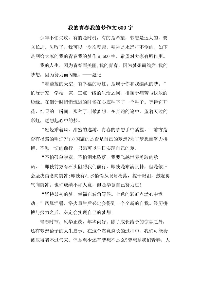 我的青春我的梦作文600字