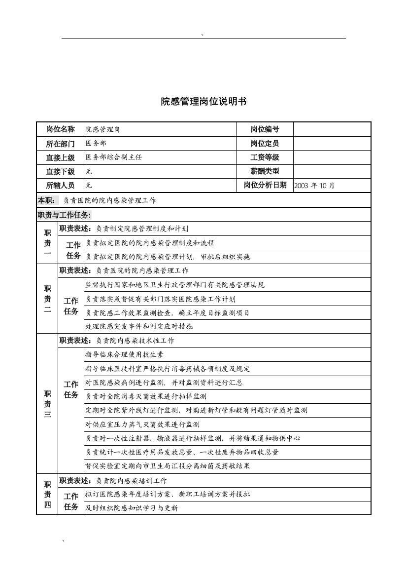 湖北新华医院医务部院感管理岗位说明书