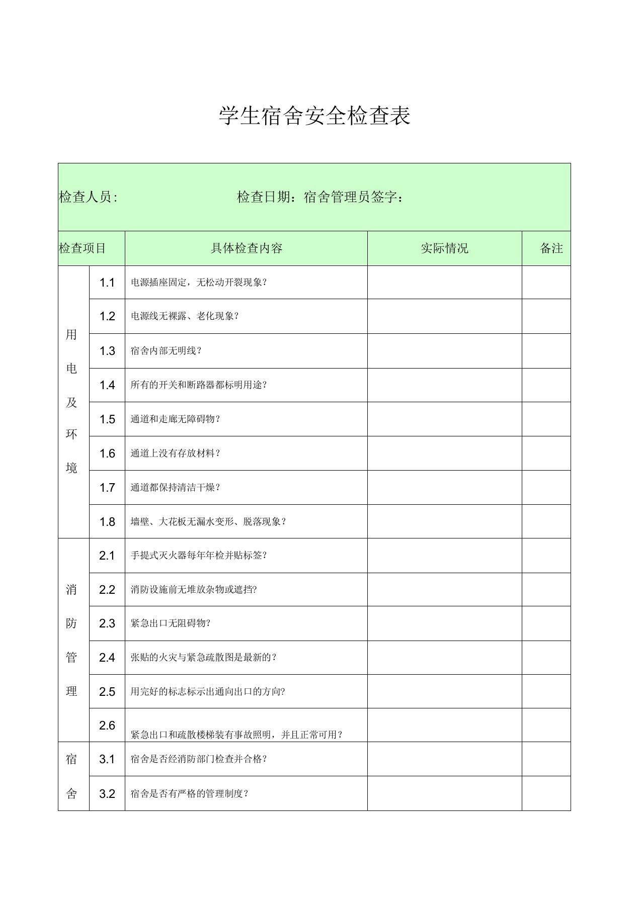 学生宿舍安全检查表