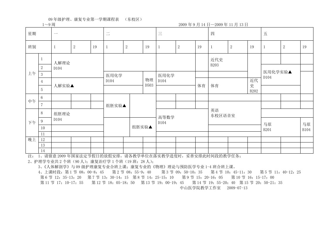 09级护理、康复第一学期课程表（7.9）