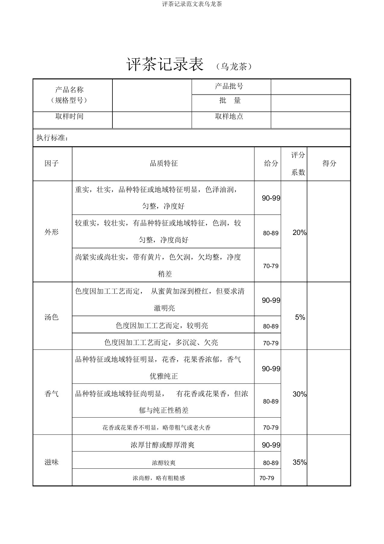 评茶记录范文表乌龙茶