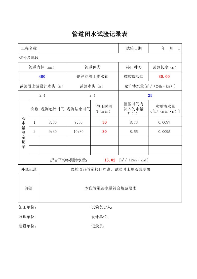 管道闭水试验记录表(自动计算+详细说明解释+规范)