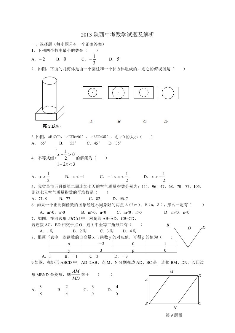 陕西省西安市2013年中考数学试题