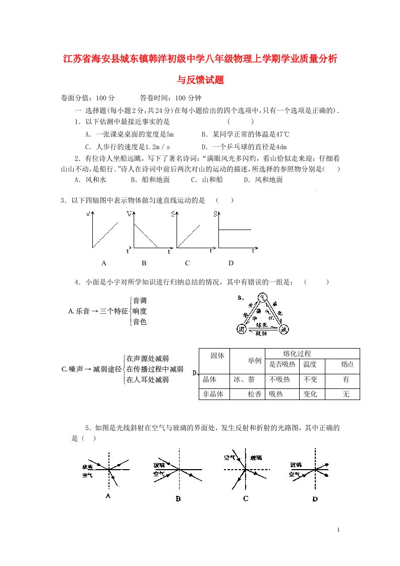 江苏省海安县城东镇韩洋初级中学八级物理上学期学业质量分析与反馈试题