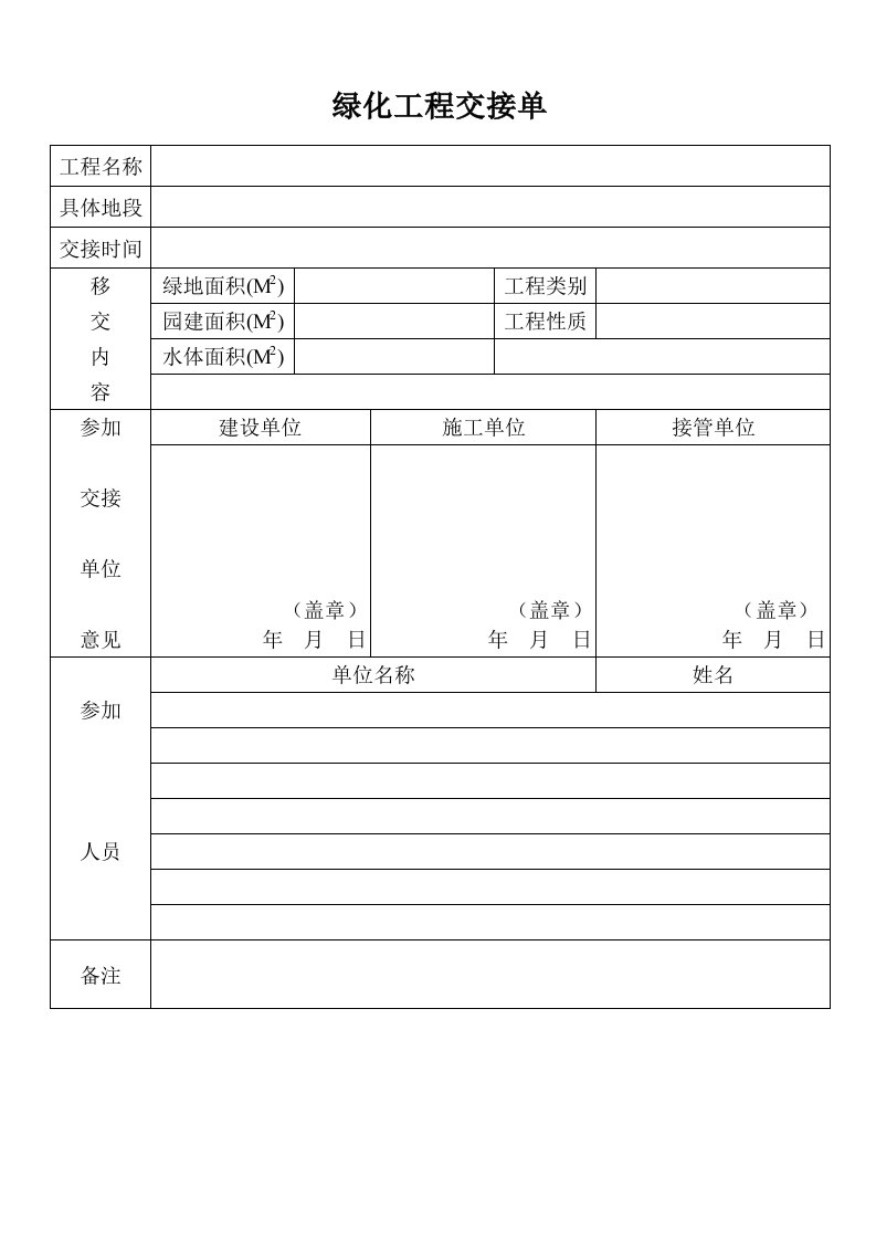 园林绿化工程竣工验收资料表格绿化工程交接单xls