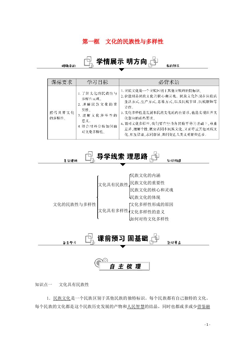 2020_2021学年新教材高中政治第三单元文化传承与文化创新第八课第一框文化的民族性与多样性学案新人教版必修4