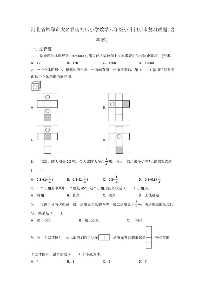 省邯郸市大名县南刘店小学数学六年级小升初期末复习试题(含答案)