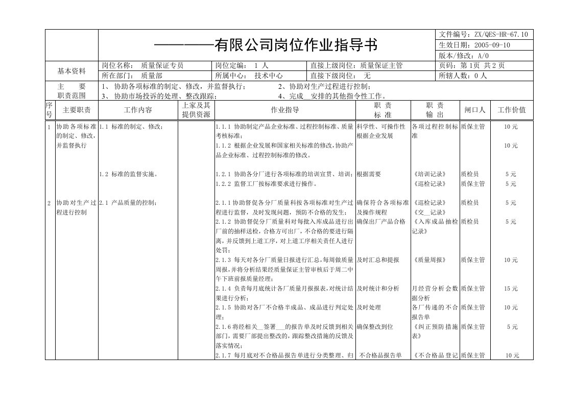 办公文档-作业指导书(质量专员)（word）可编辑