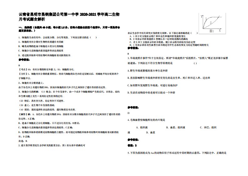 云南省昆明市昆钢集团公司第一中学2020-2021学年高二生物月考试题含解析