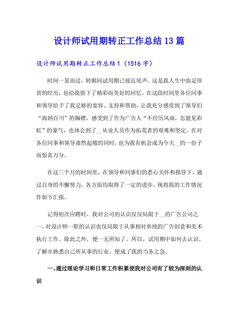 设计师试用期转正工作总结13篇