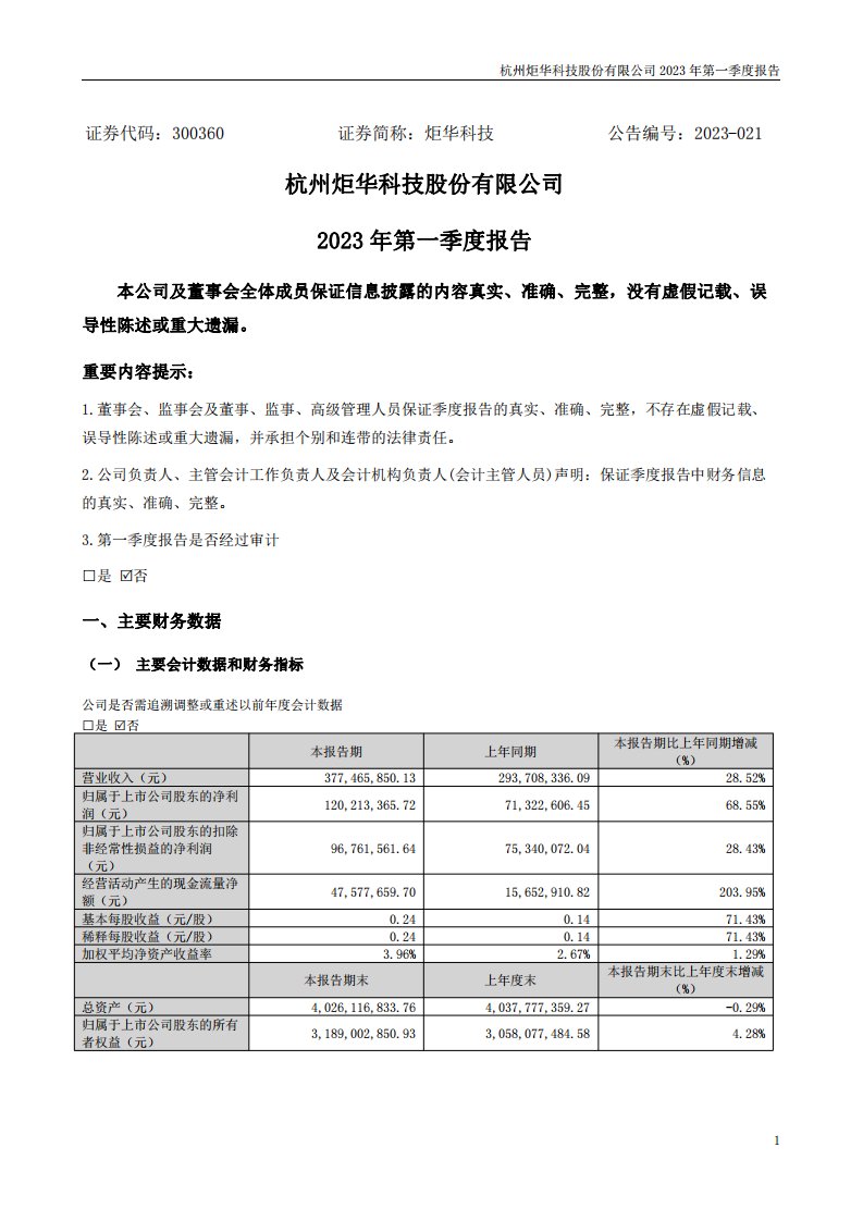 深交所-炬华科技：2023年一季度报告-20230422