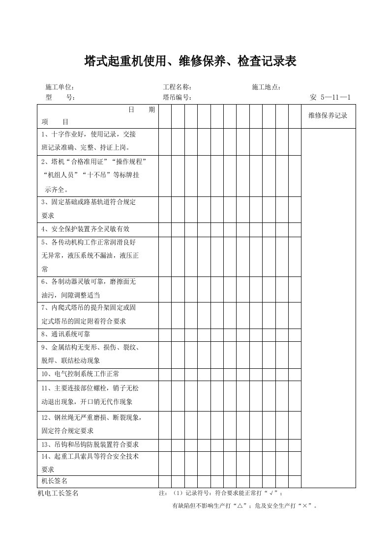 建筑工程-安5121_塔式起重机使用维修保养检查记录表