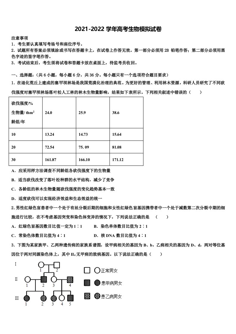 上海市黄浦区市级名校2021-2022学年高三一诊考试生物试卷含解析