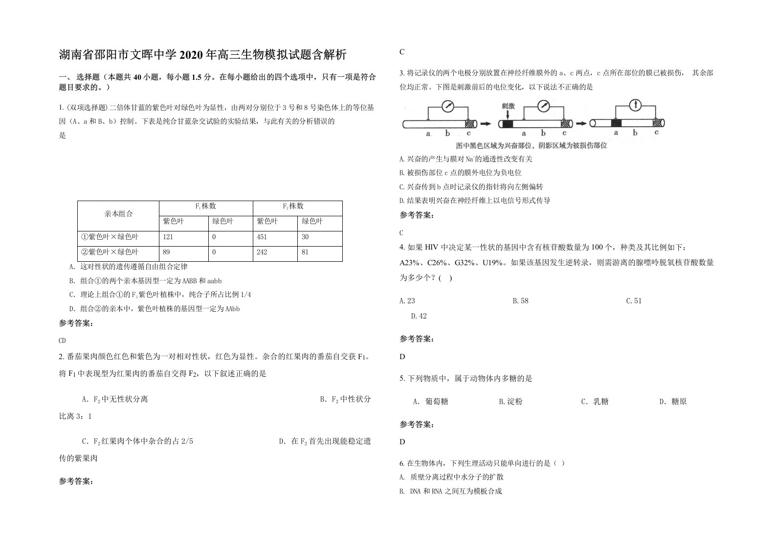 湖南省邵阳市文晖中学2020年高三生物模拟试题含解析