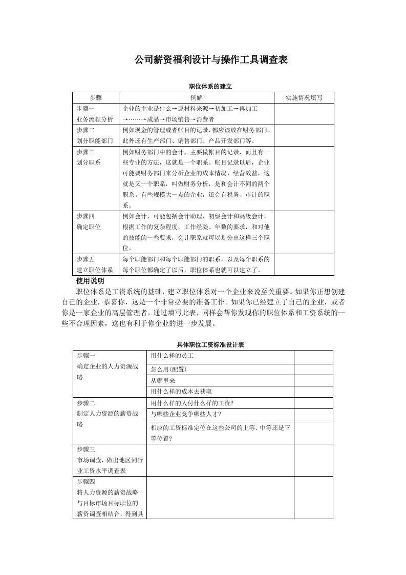 公司薪资福利设计与操作工具调查表