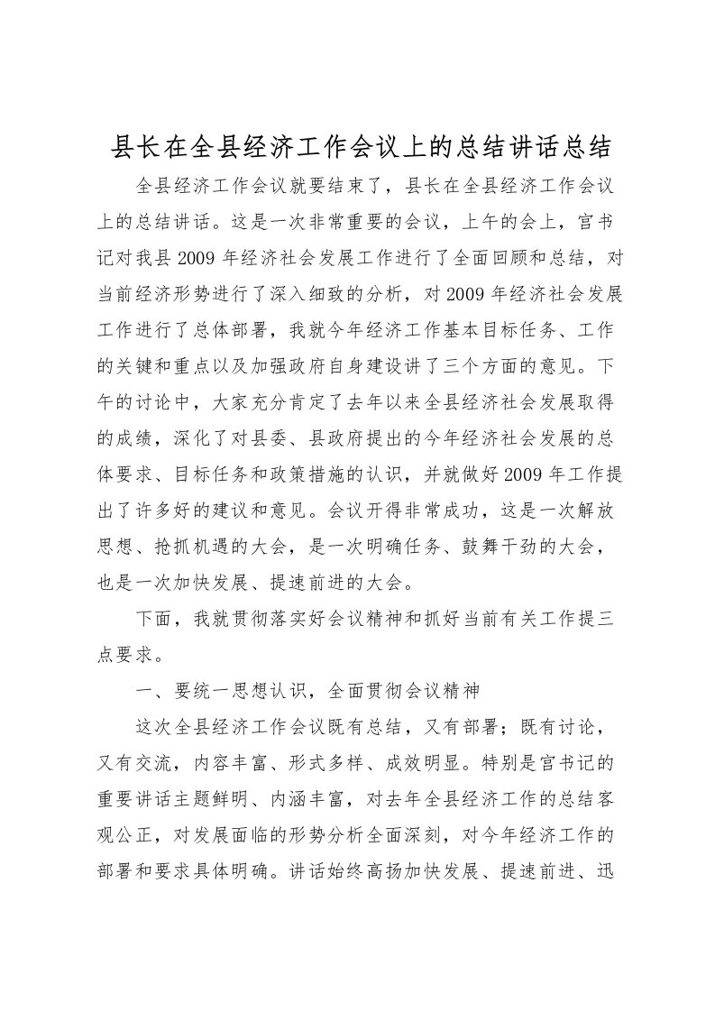 2022县长在全县经济工作会议上的总结讲话总结