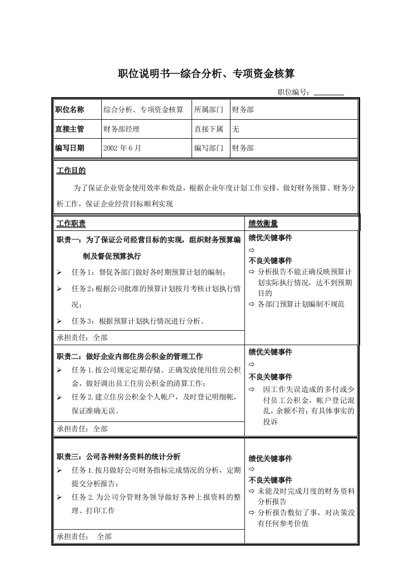 职位说明书—综合分析、专项资金核算