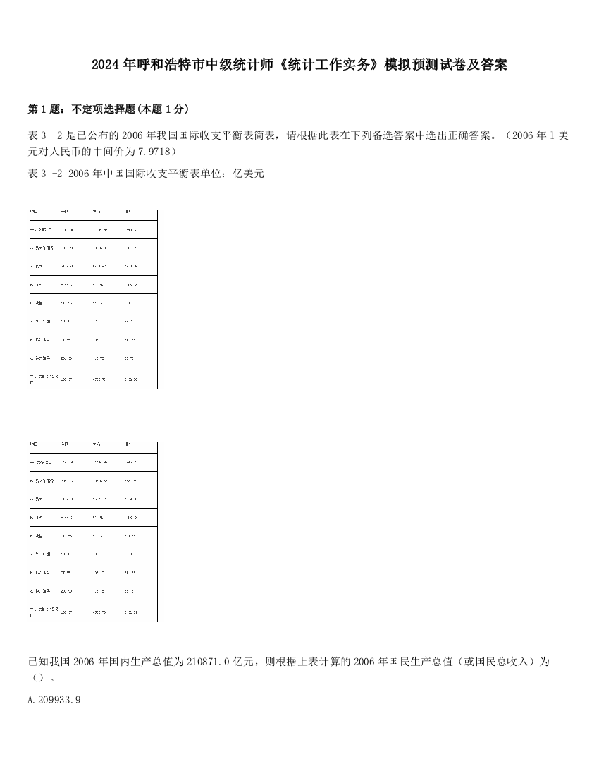 2024年呼和浩特市中级统计师《统计工作实务》模拟预测试卷及答案