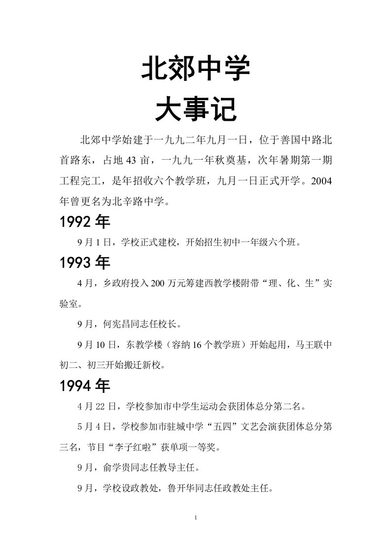 北郊中学1992-2005大事记