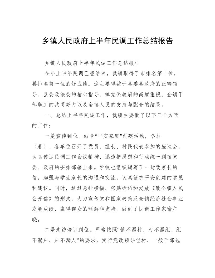 乡镇人民政府上半年民调工作总结报告