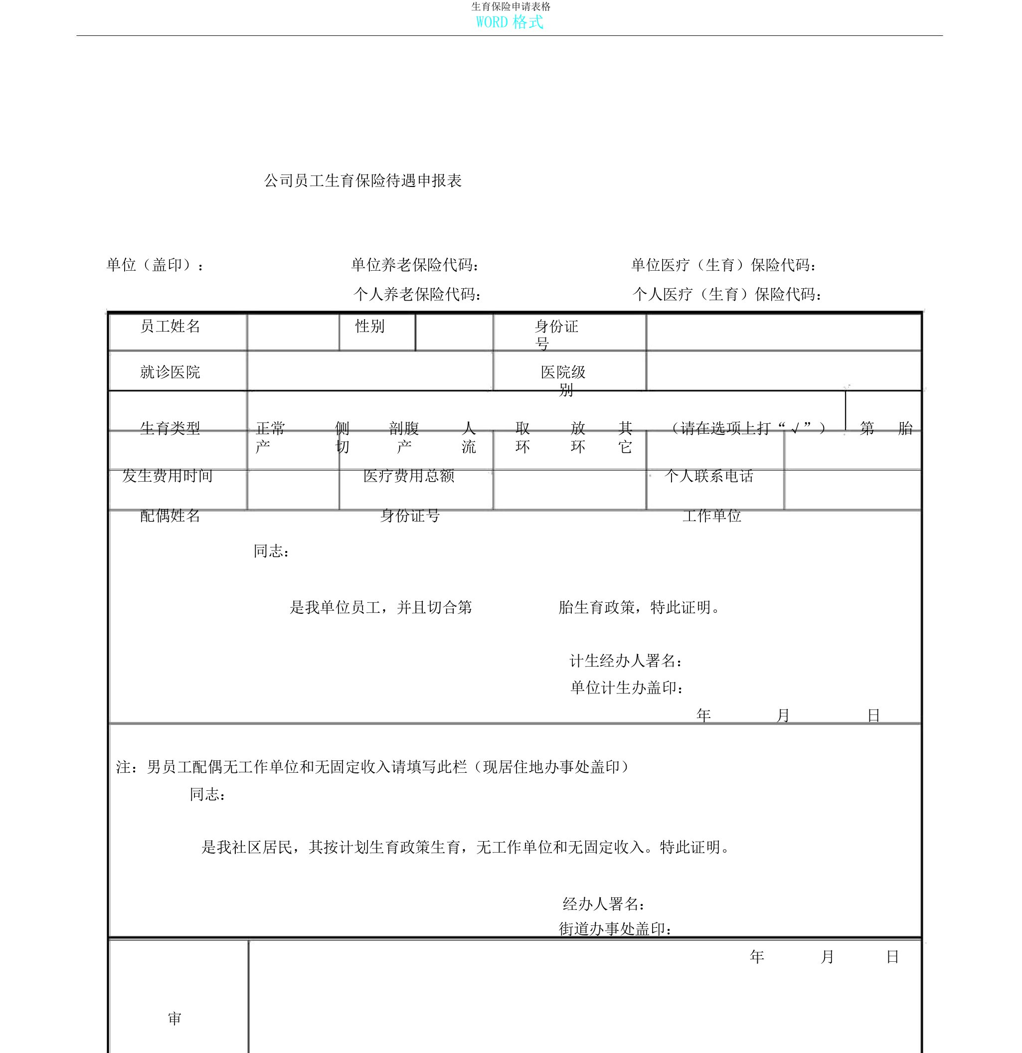 生育保险申请表格