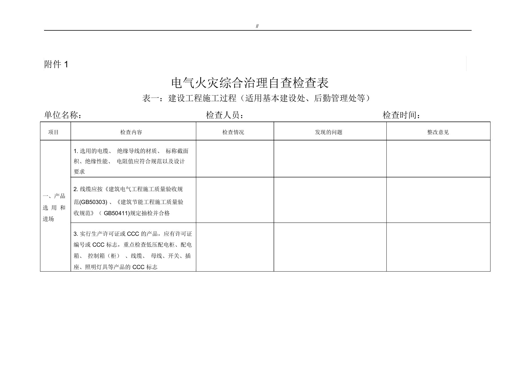 电气火灾检查表