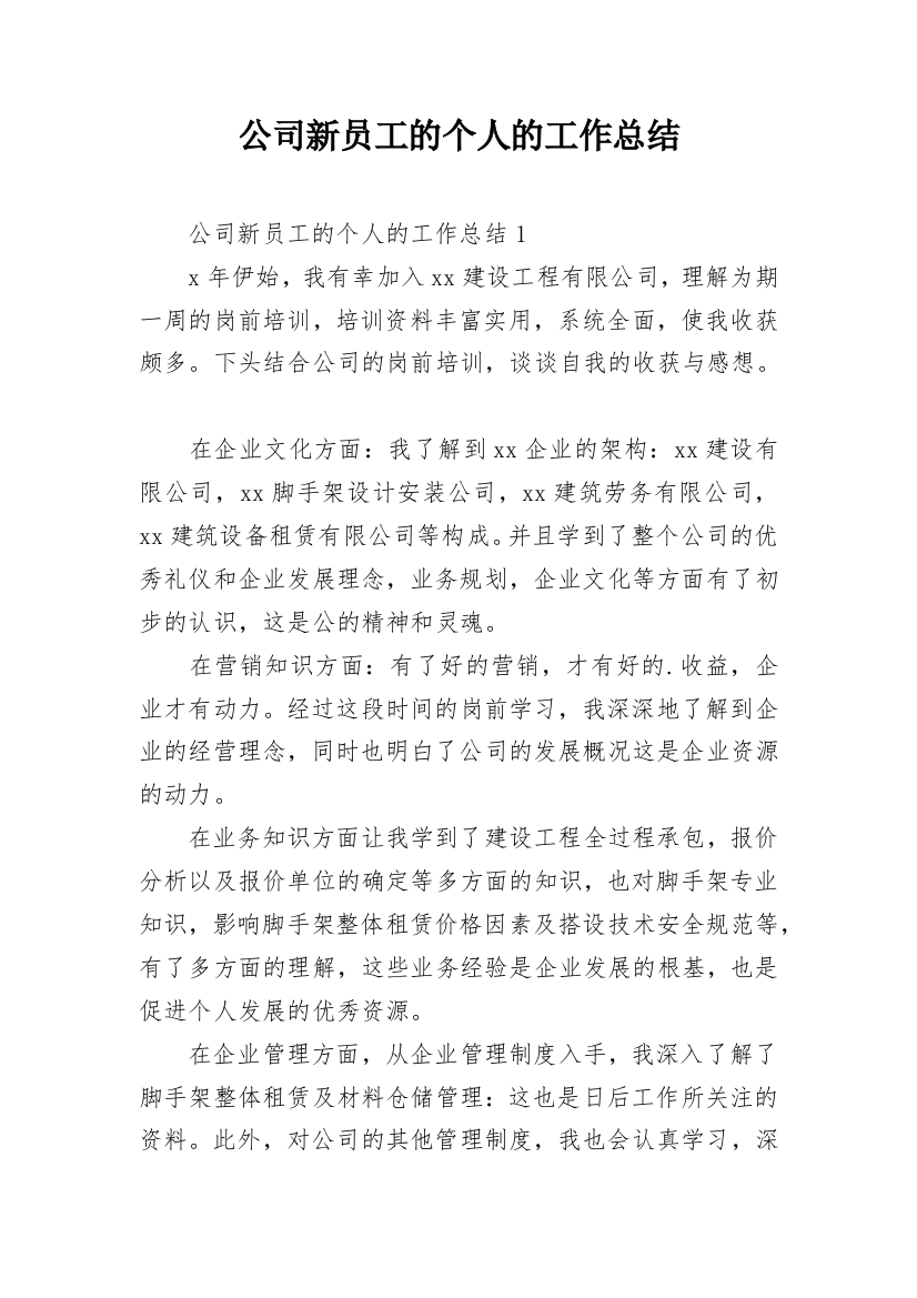 公司新员工的个人的工作总结