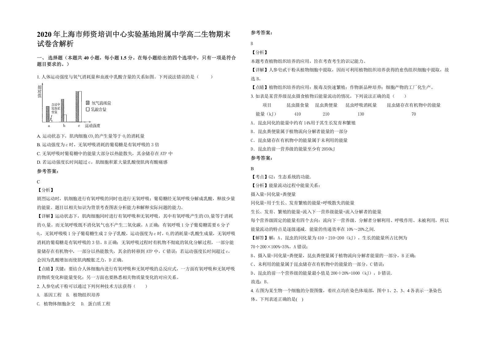 2020年上海市师资培训中心实验基地附属中学高二生物期末试卷含解析