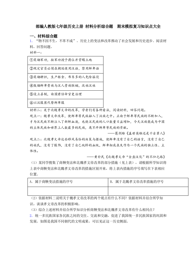 部编人教版七年级历史上册-材料分析综合题--期末模拟复习知识点大全