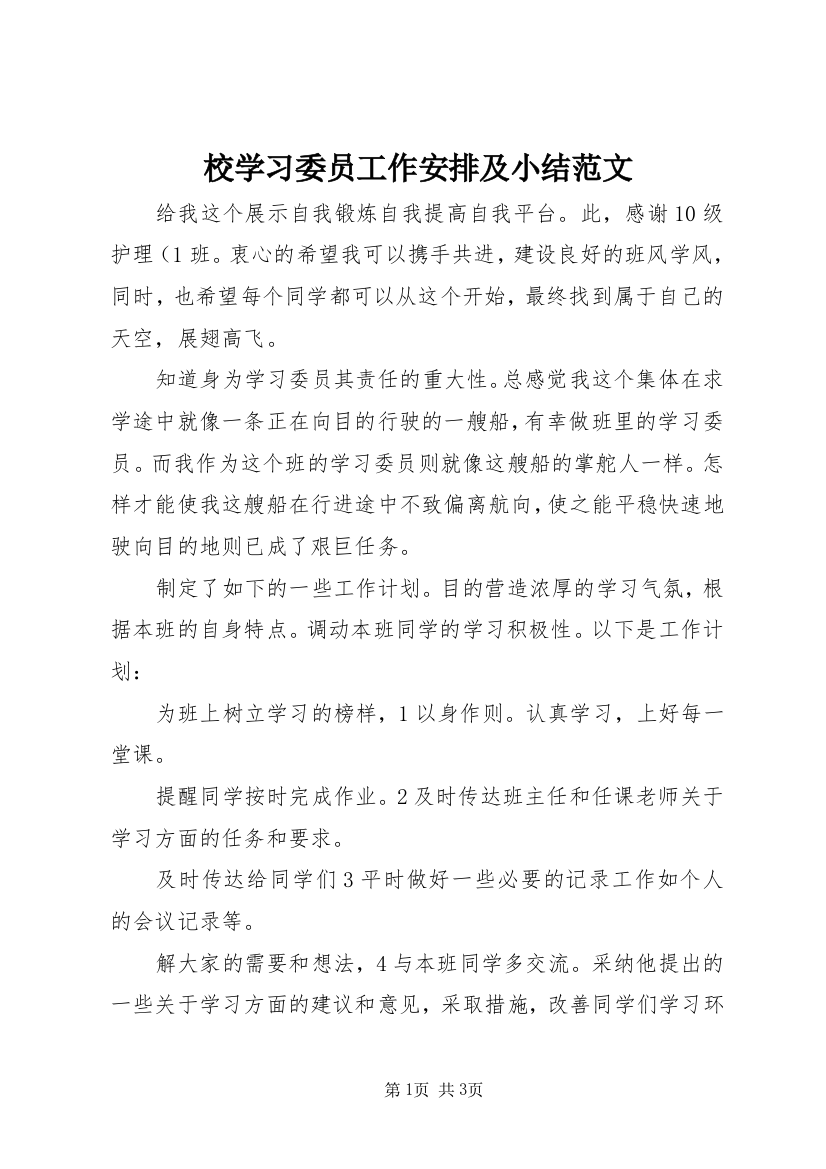 6校学习委员工作安排及小结范文