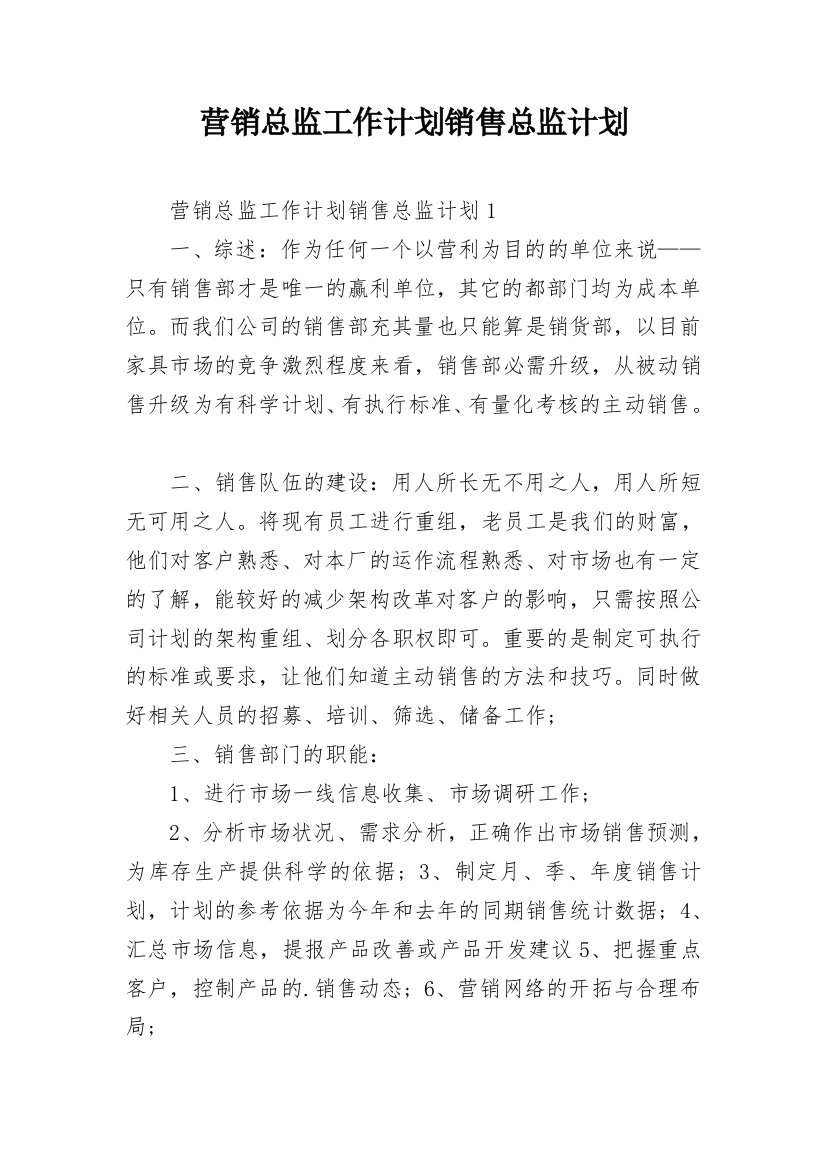 营销总监工作计划销售总监计划