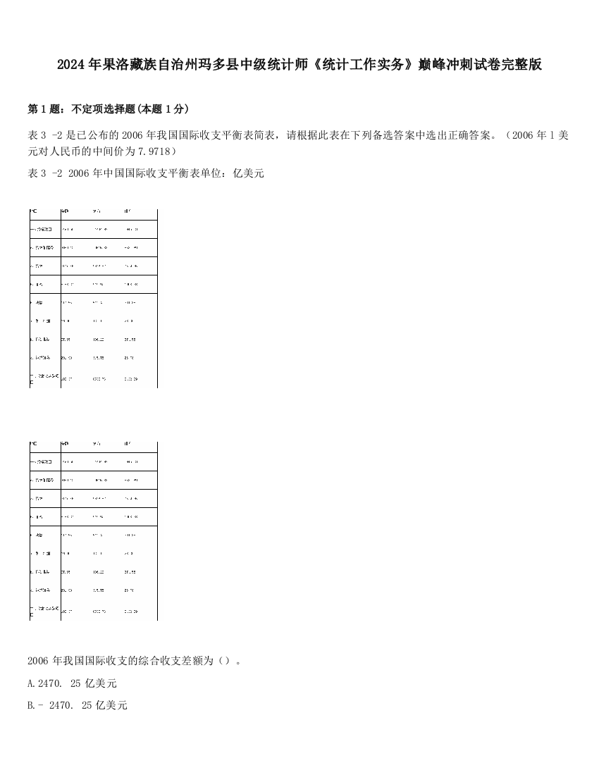 2024年果洛藏族自治州玛多县中级统计师《统计工作实务》巅峰冲刺试卷完整版