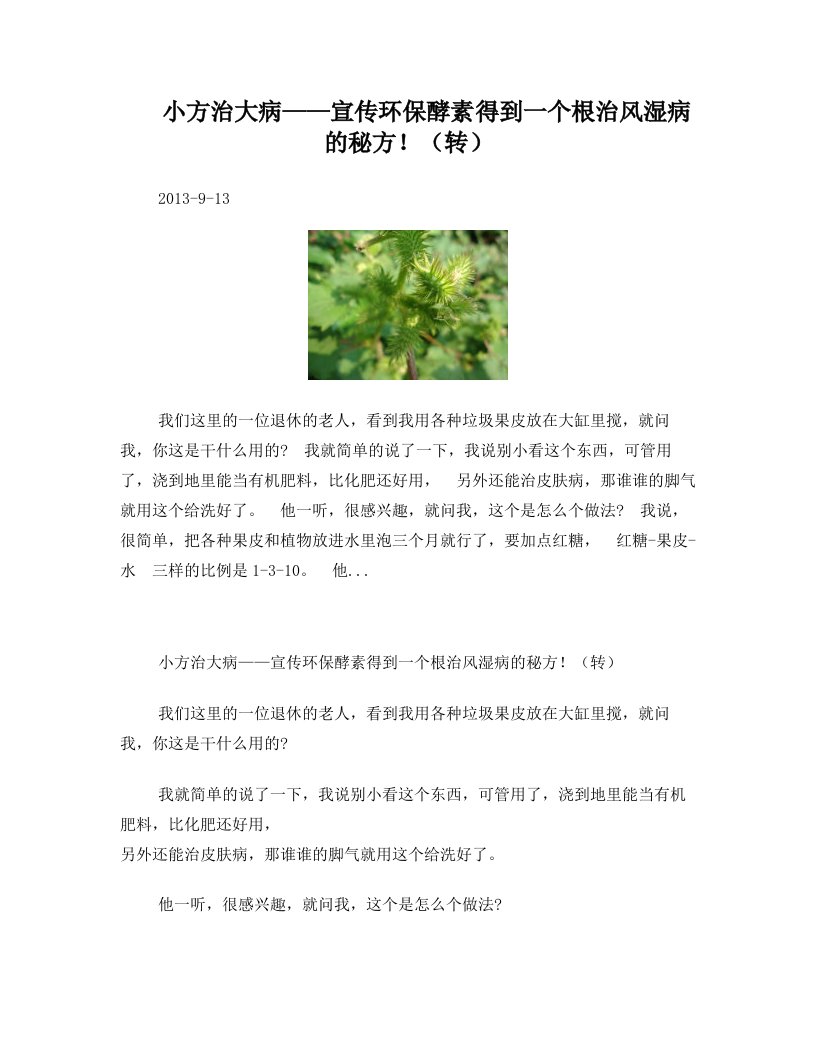 小方治大病——宣传环保酵素得到一个根治风湿病的秘方!(转)