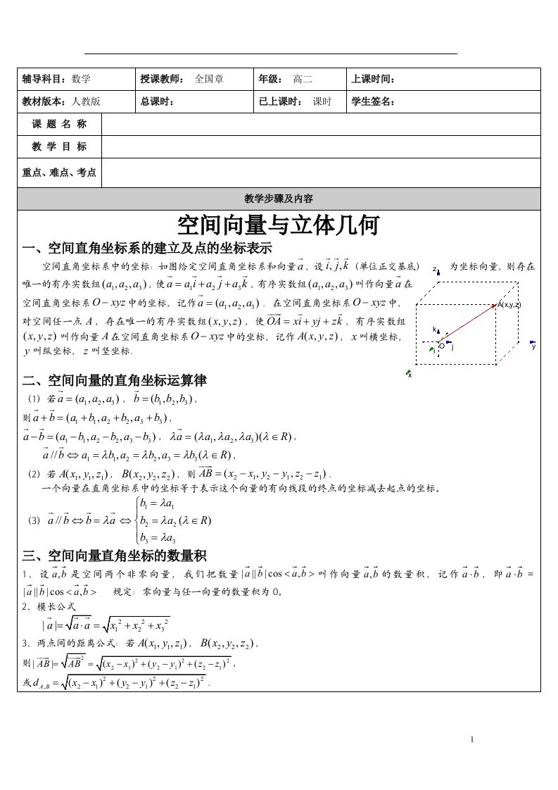 空间向量与立体几何知识总结高考必备资料