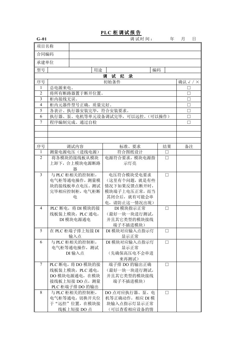 PLC柜调试记录卡