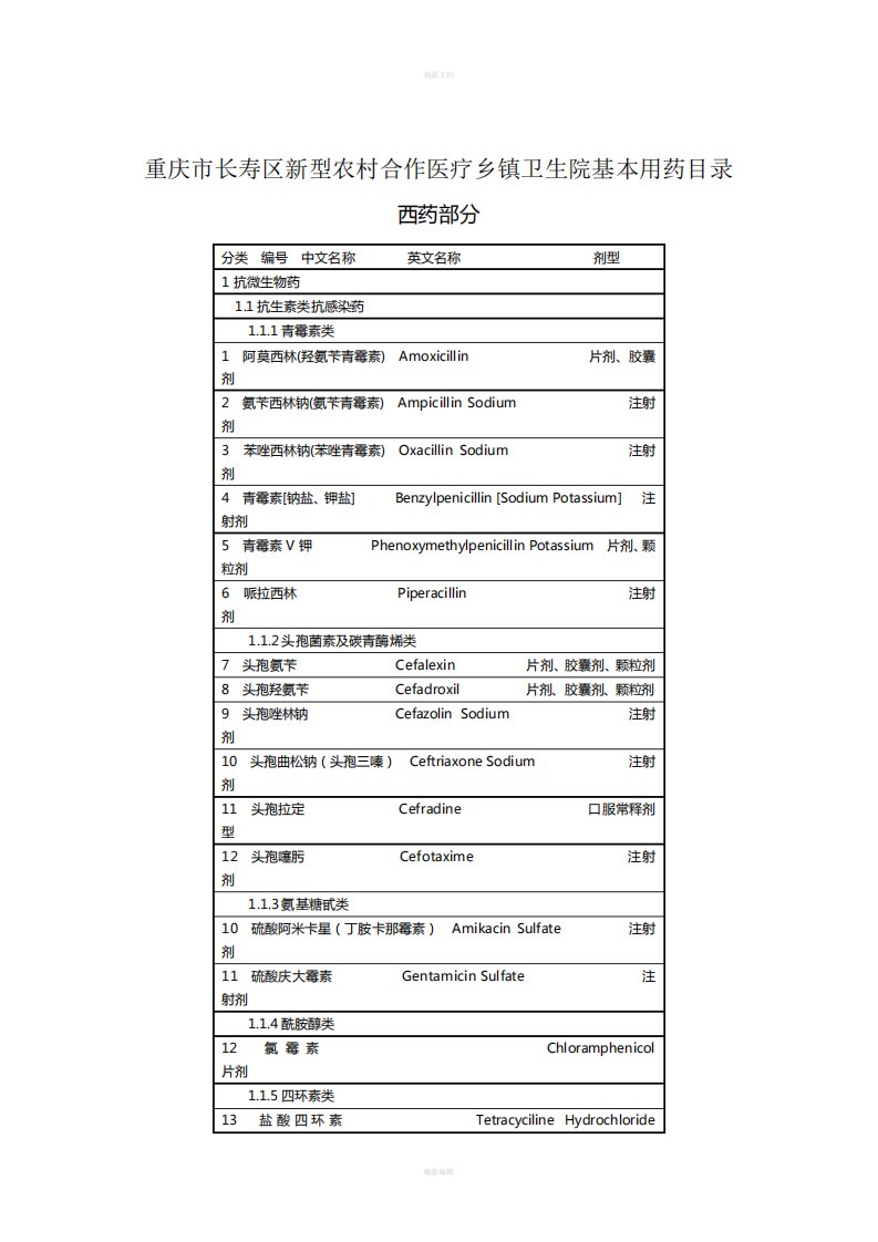 镇卫生院基本用药目录