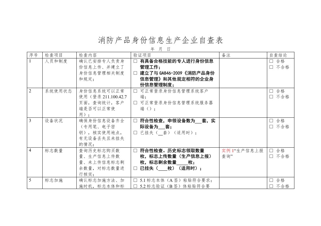 消防产品身份信息生产企业自查表