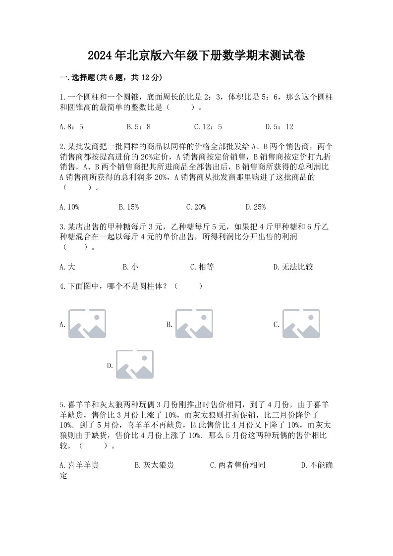 2024年北京版六年级下册数学期末测试卷（各地真题）