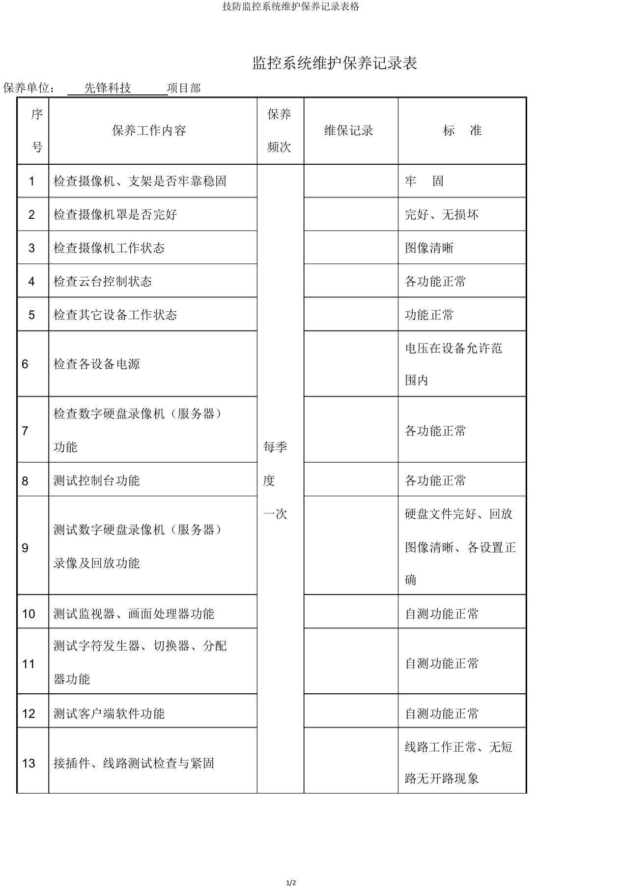 技防监控系统维护保养记录表格