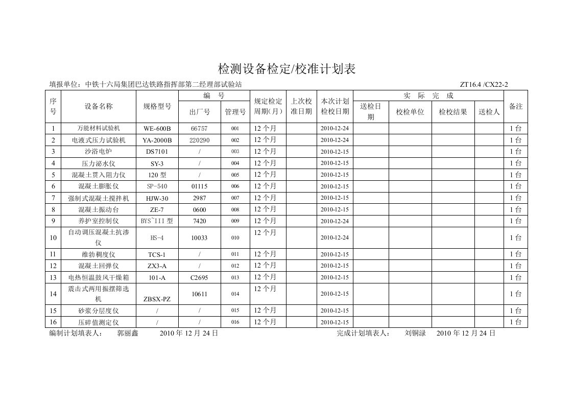 检测设备检定校准计划表