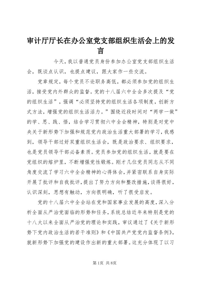 5审计厅厅长在办公室党支部组织生活会上的讲话