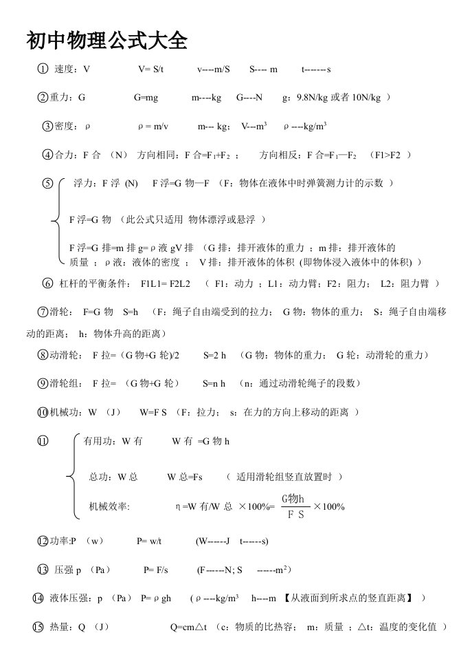 中考物理重点公式