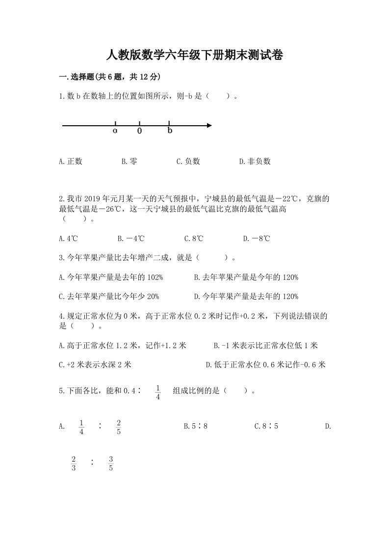 人教版数学六年级下册期末测试卷精品（各地真题）