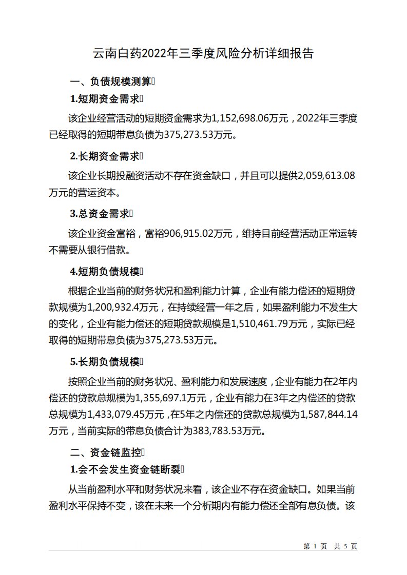 000538云南白药2022年三季度财务风险分析详细报告