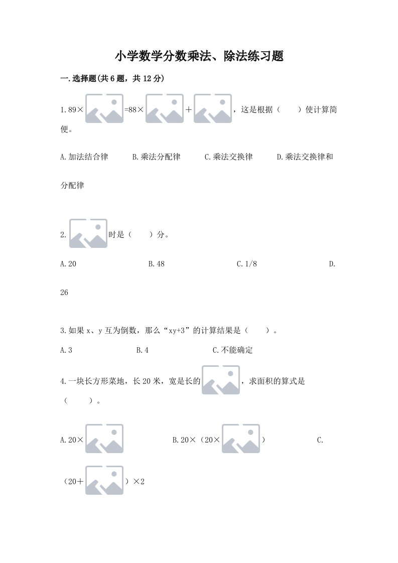 小学数学分数乘法、除法练习题【真题汇编】