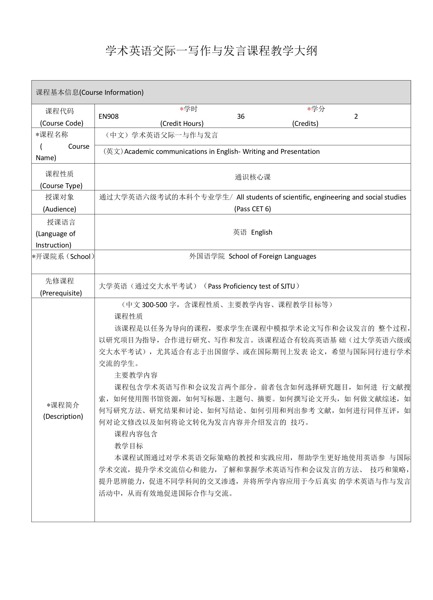 《学术英语交际—写作与发言》课程教学大纲