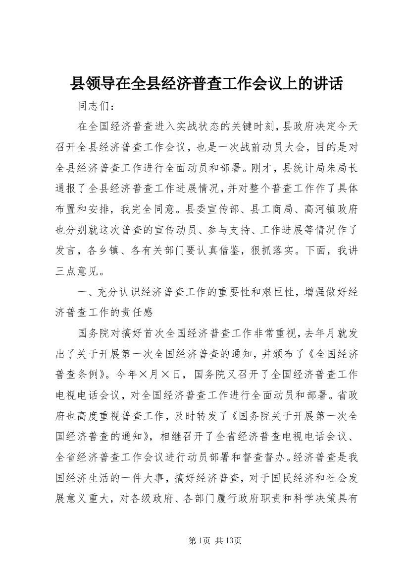 县领导在全县经济普查工作会议上的讲话