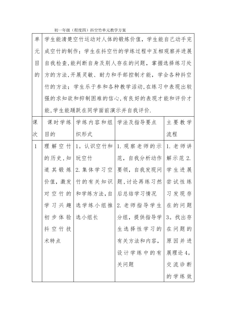 初一年级（水平四）抖空竹单元教学计划